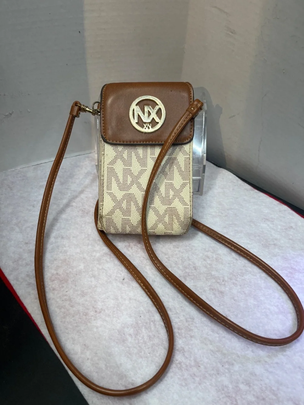 NX Signature Monogram Studded Crossbody wallet Cream Beige Gold Tone mini Purse